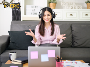Remote executive assistant engaged in productive virtual work environment, reflecting motivation and efficiency.